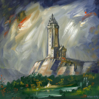 An impressionistic painting of a towering structure amidst a dynamic, swirling sky with lush greenery in the foreground. By Raymond Murray